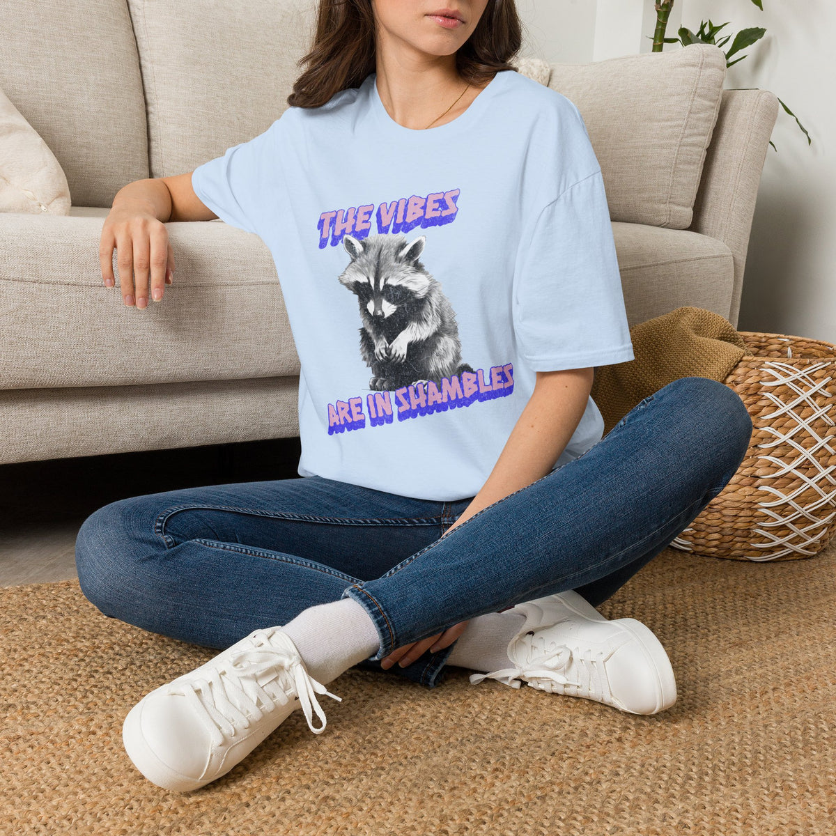 The Vibes Raccoon graphic shirt featuring 'The Vibes Are in Shambles' Retro Graphic