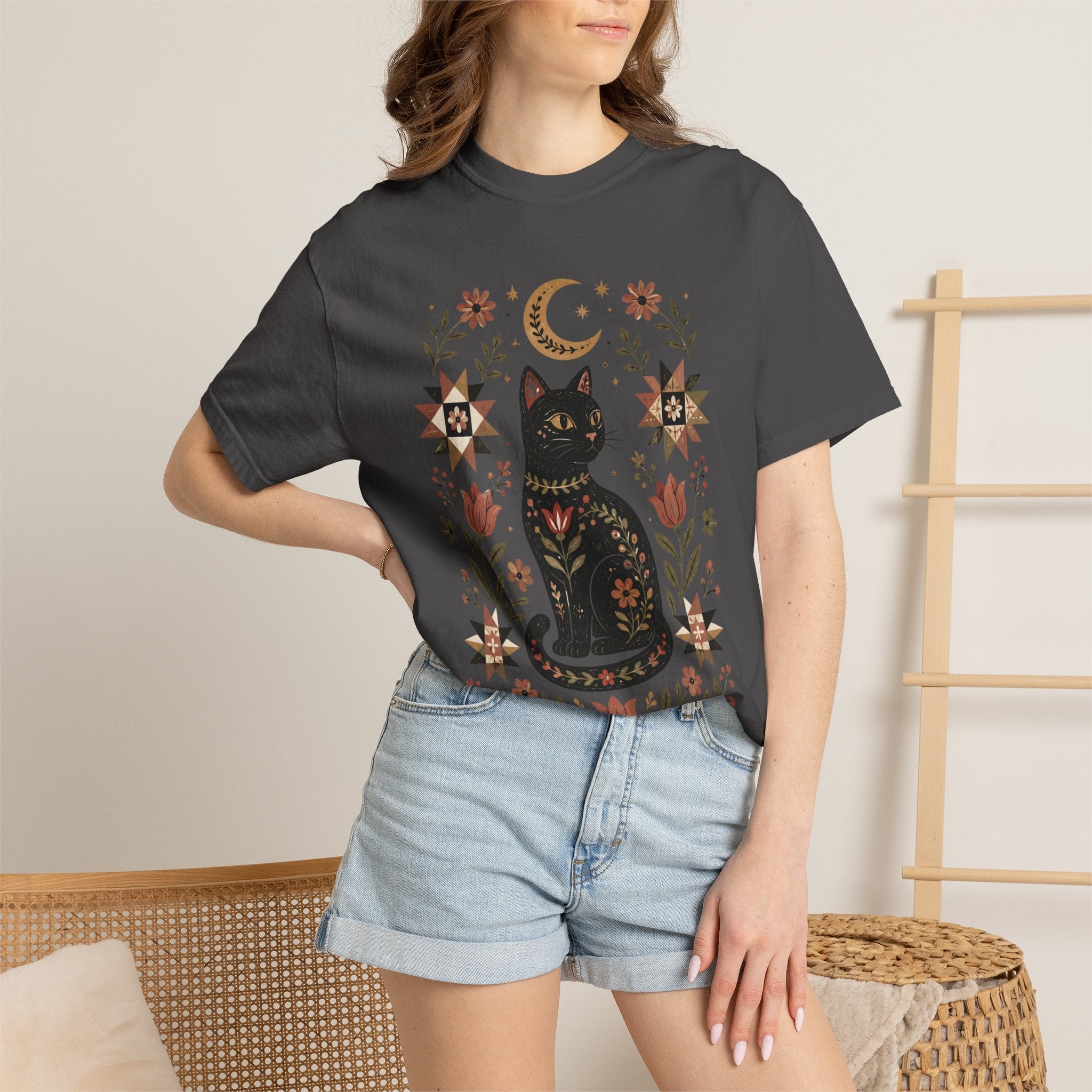 Folk Black Cat Shirt | Celestial Floral Comfort Colors Tee | Witchy Cat Shirt