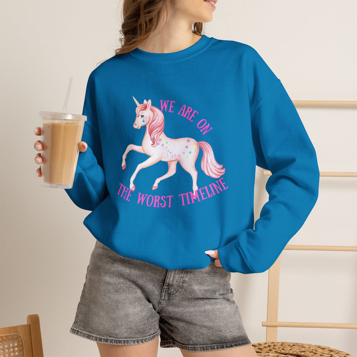 Worst Timeline Sweatshirt, Funny Unicorn Graphic, Existential Humor Crewneck