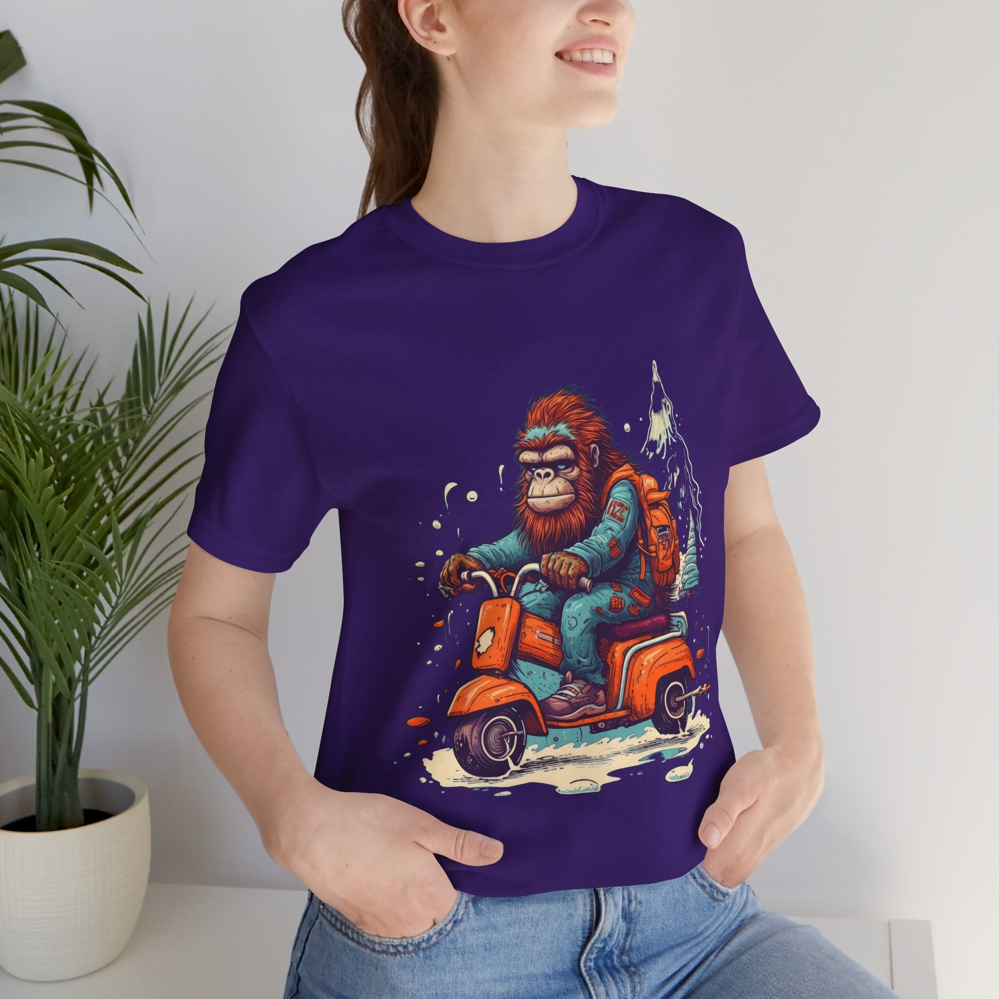 Bigfoot Scooter Graphic Tee — Retro Bigfoot Riding Vespa Adventure T-Shirt