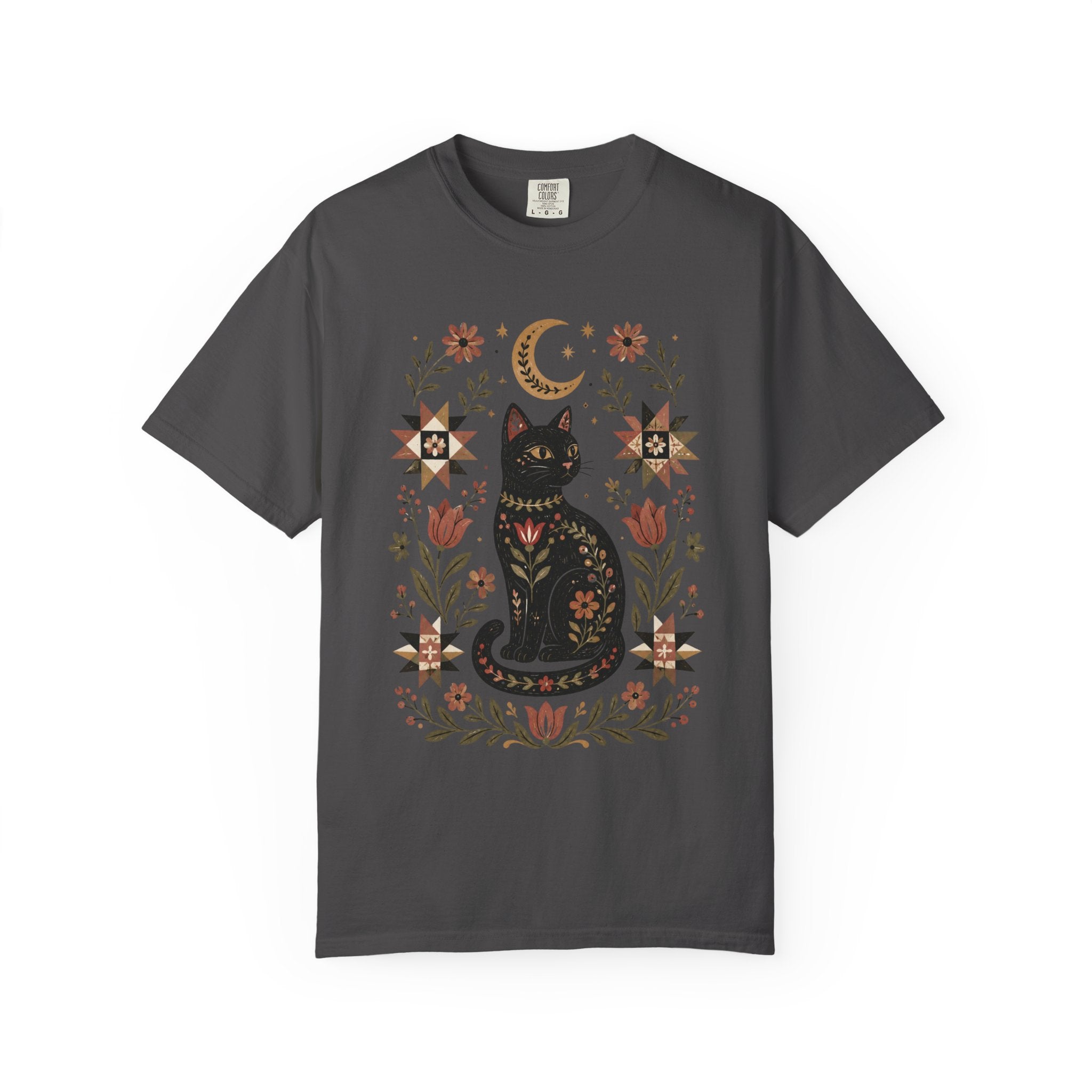 Folk Black Cat Shirt | Celestial Floral Comfort Colors Tee | Witchy Cat Shirt