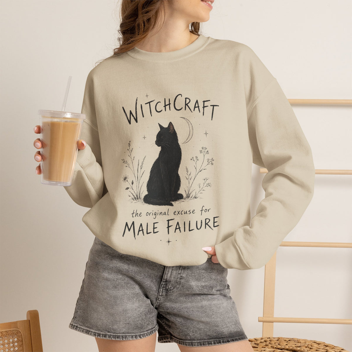 Witchcraft The Original Excuse for Male Failure graphic sweatshirt featuring Feminist Black Cat Crewneck