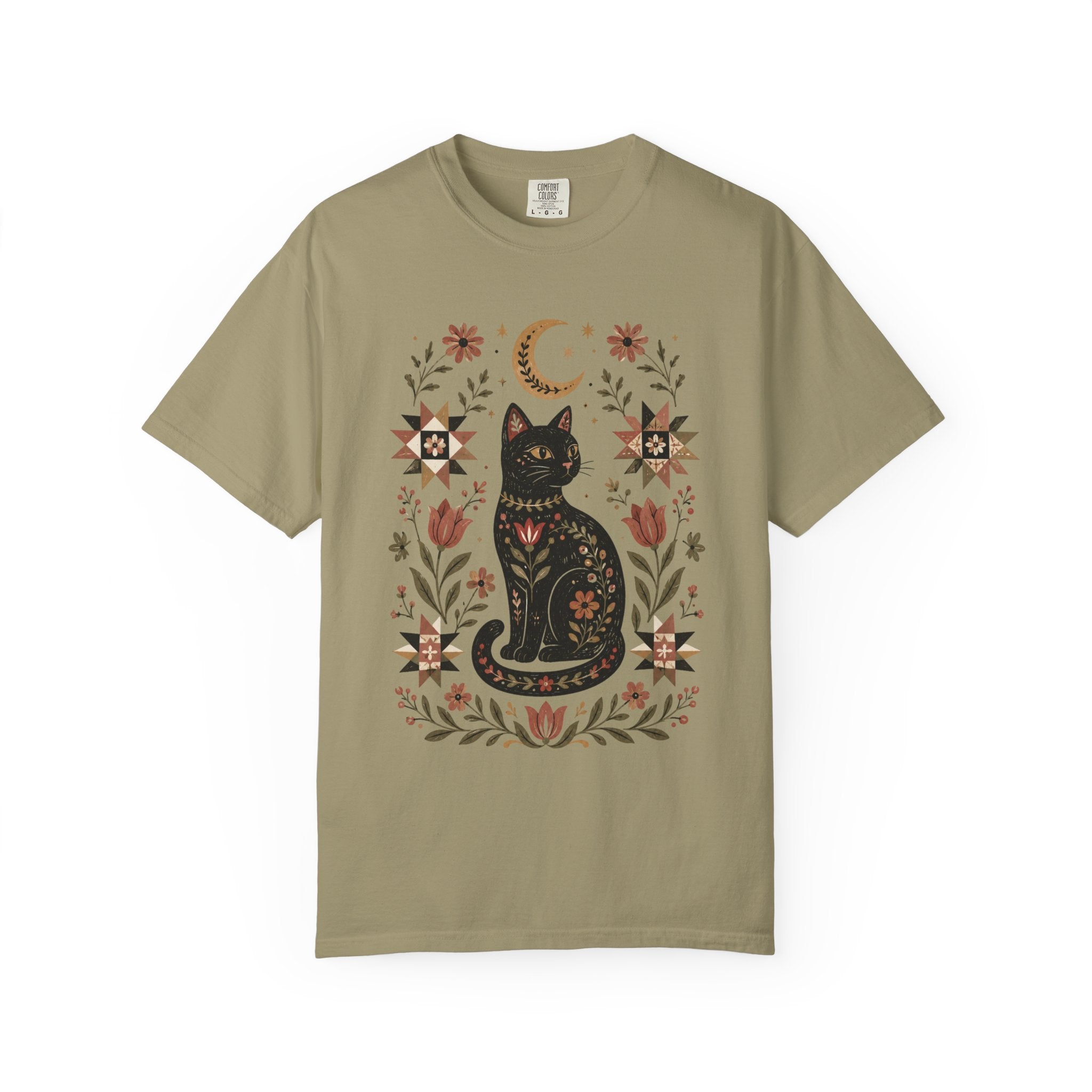 Folk Black Cat Shirt | Celestial Floral Comfort Colors Tee | Witchy Cat Shirt