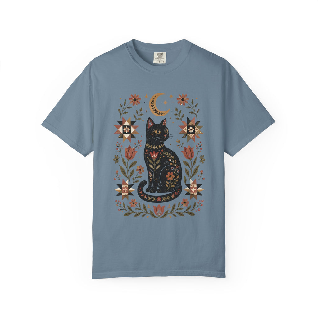 Witchy Black Cat graphic shirt featuring Folk Art Floral Comfort Colors Tee