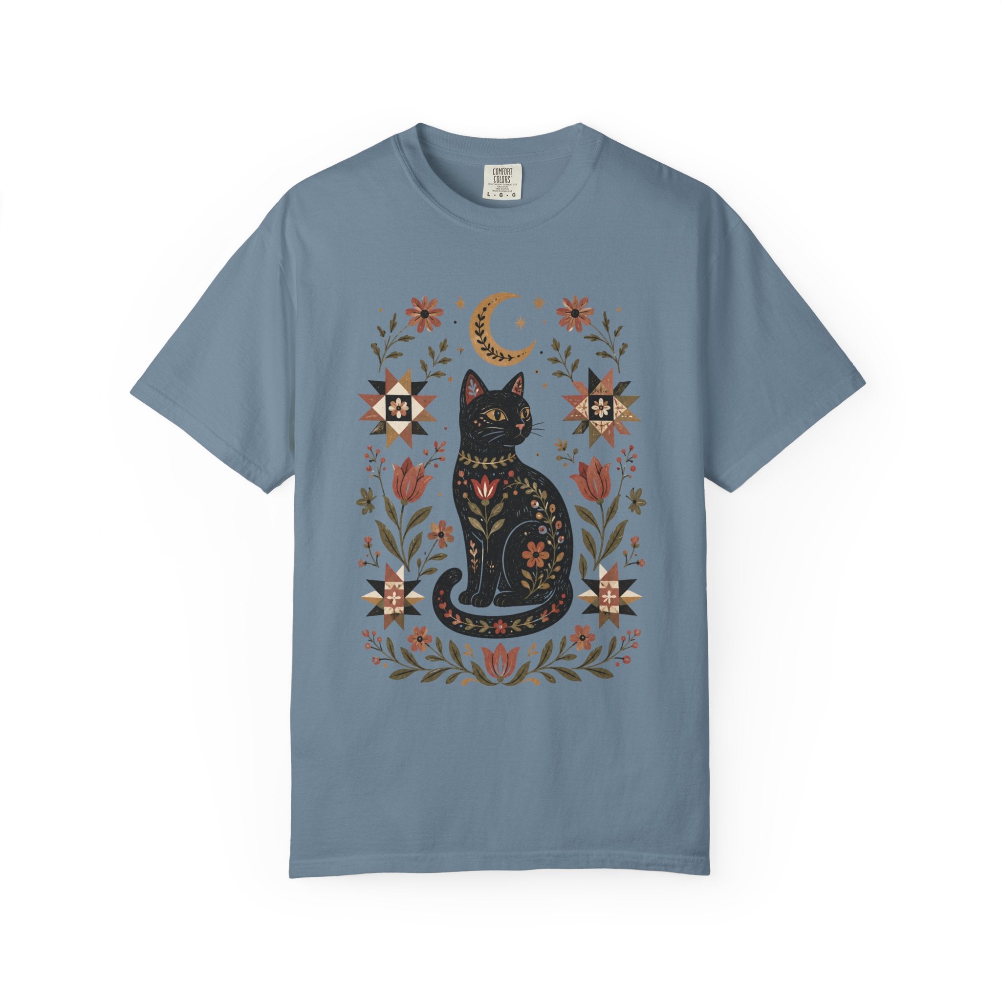 Folk Black Cat Shirt | Celestial Floral Comfort Colors Tee | Witchy Cat Shirt