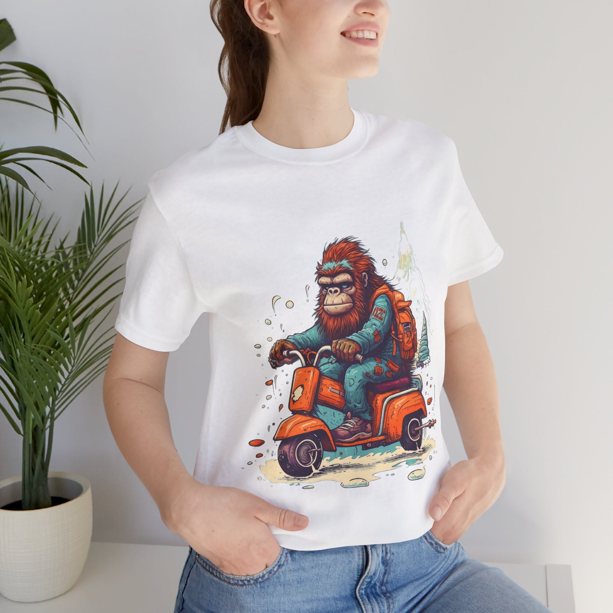 Bigfoot Scooter Graphic Tee — Retro Bigfoot Riding Vespa Adventure T-Shirt