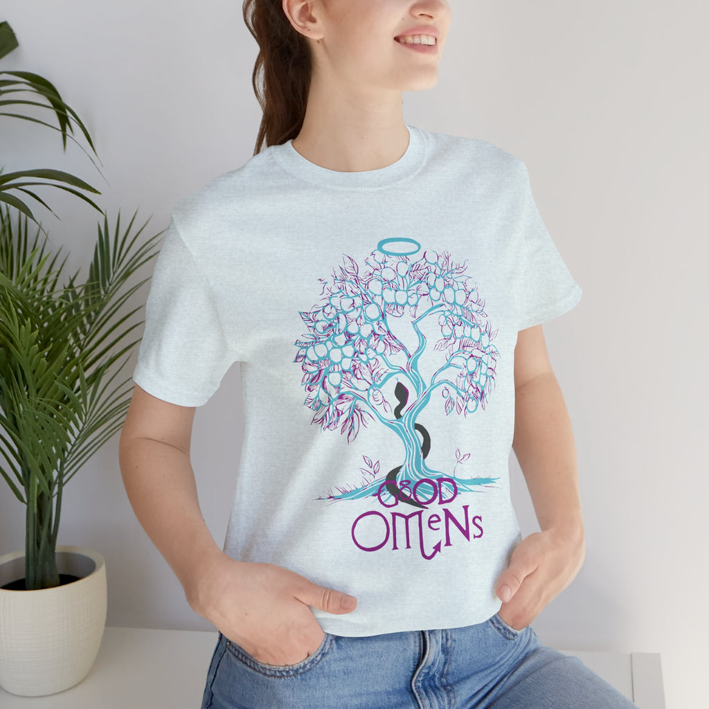 Good Omens Tree of Knowledge Doodle Aziraphale graphic shirt featuring Comic Con Fandom Jersey Short Sleeve Tee