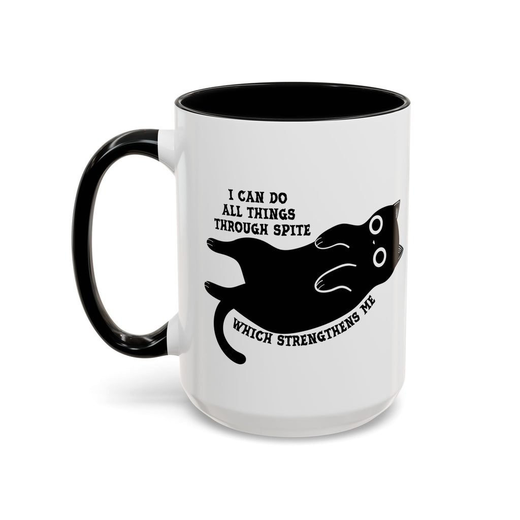 I Can Do All Things Through Spite mug featuring Funny Black Cat 15 oz Coffee Mug