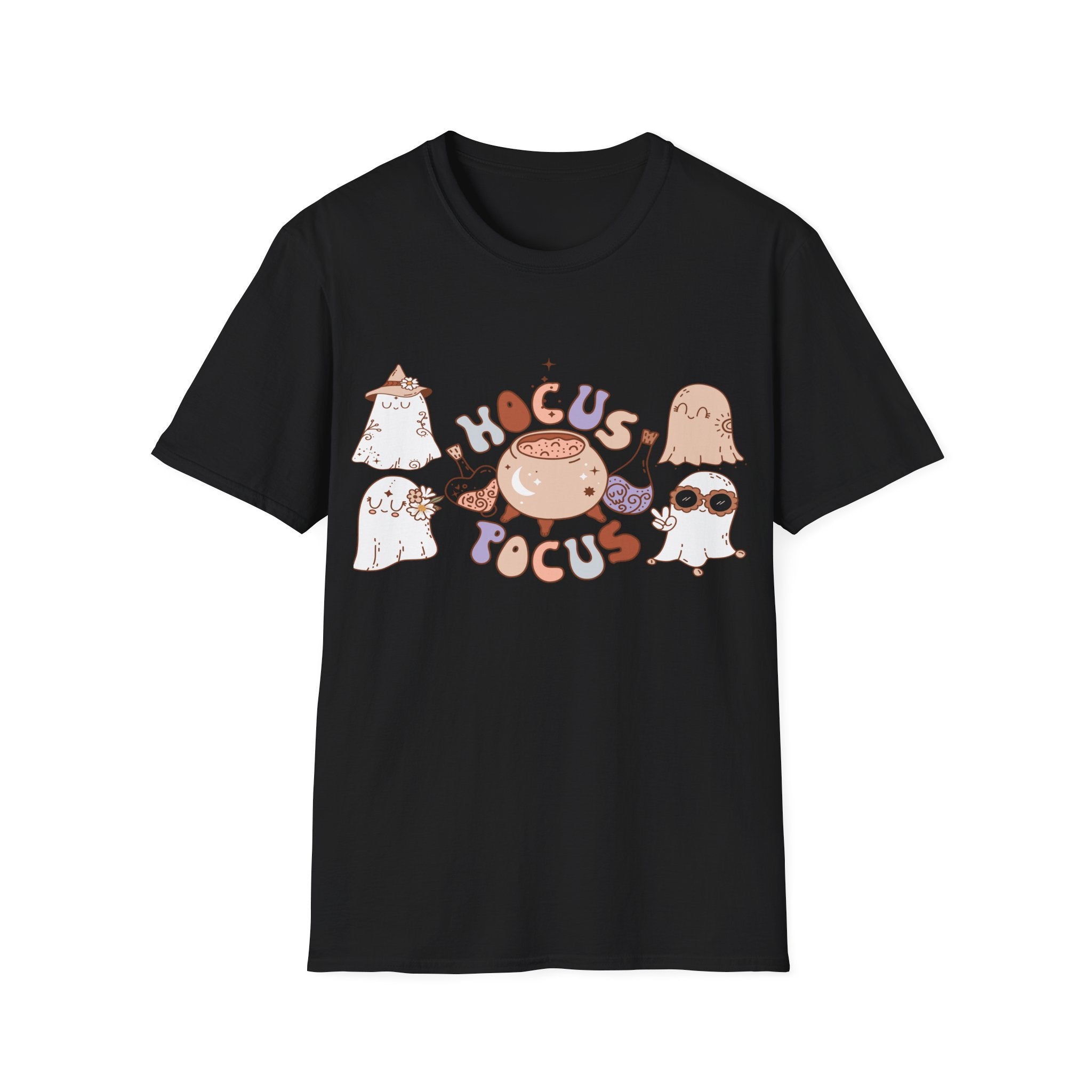 Hocus Pocus Cute Witch Crewneck T‑Shirt — Pastel Halloween Cat & Cauldron Tee