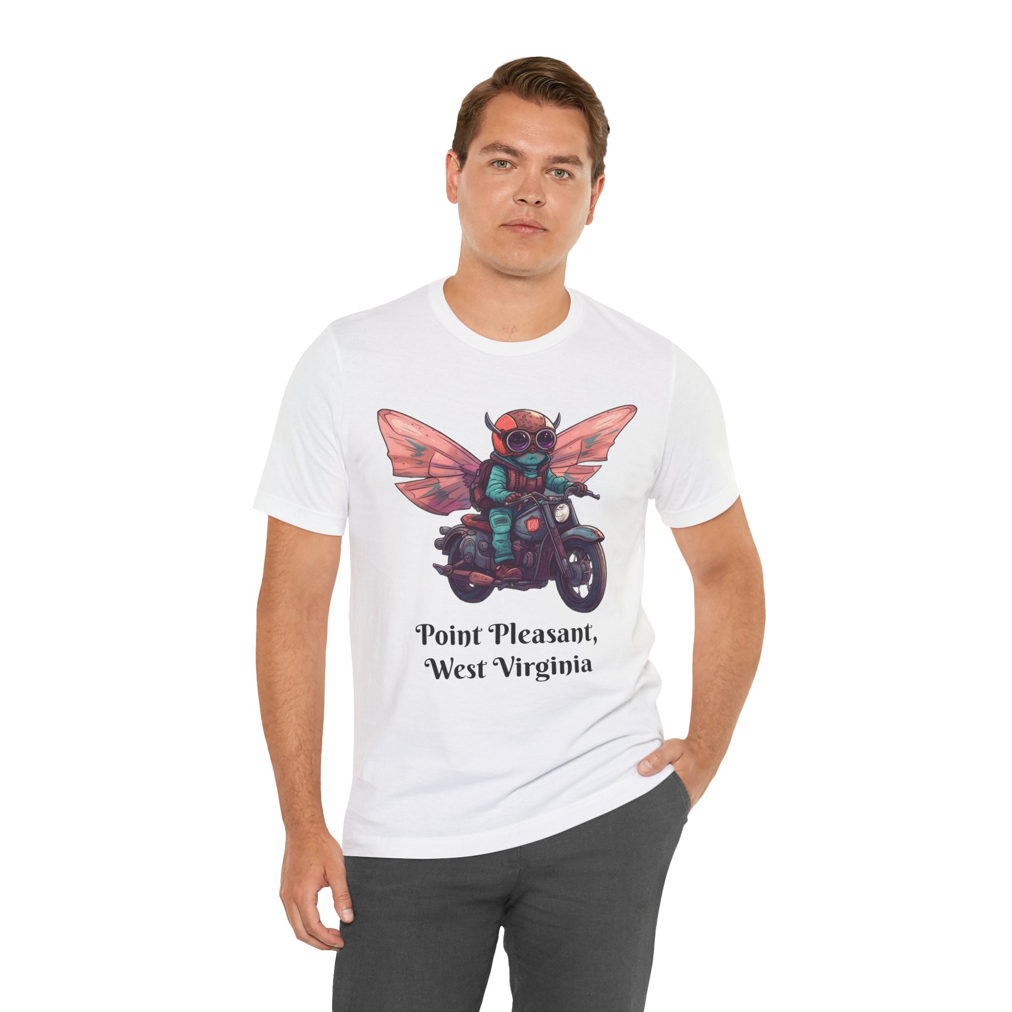Little Mothman Riding His Motorcycle Unisex Jersey Short Sleeve Tee