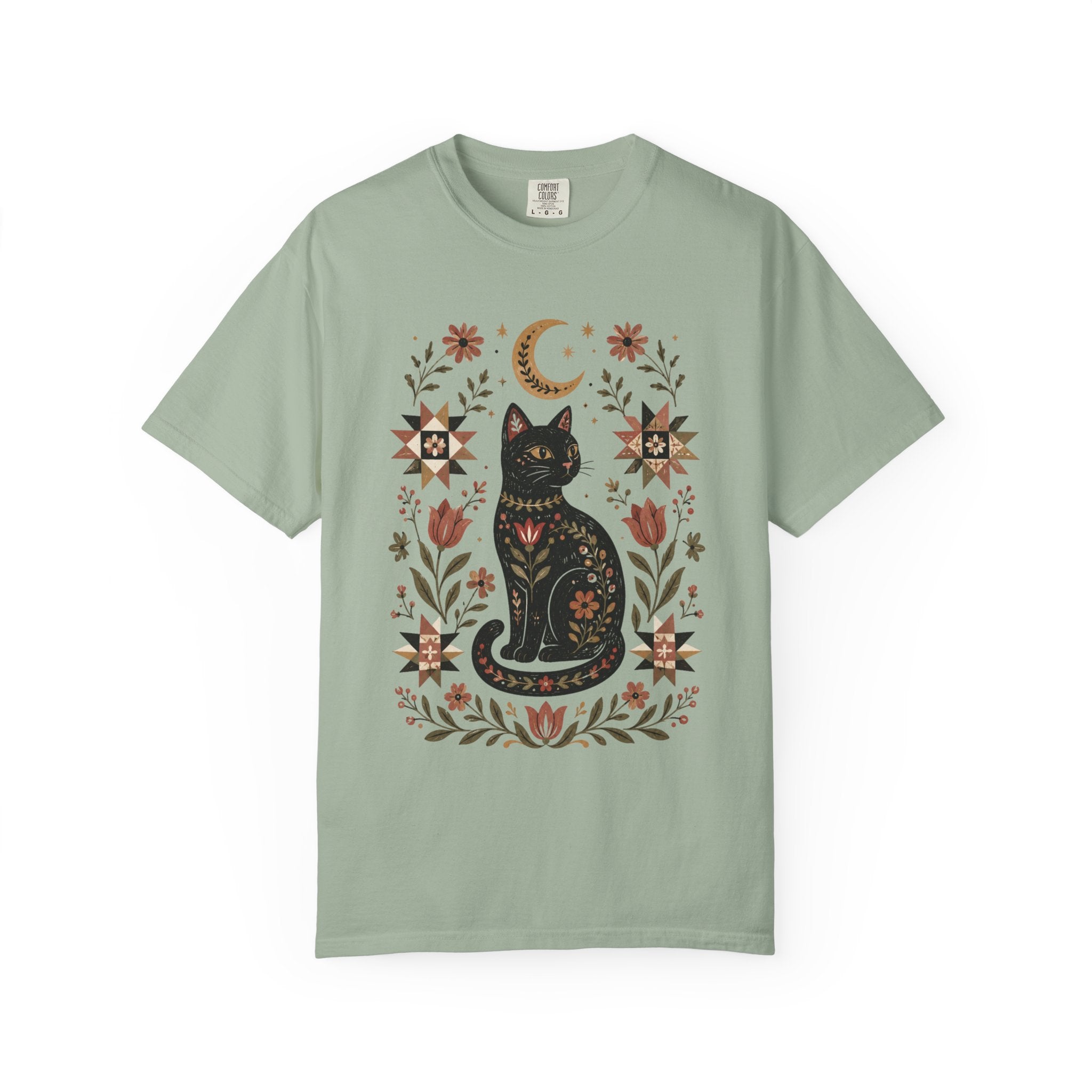 Folk Black Cat Shirt | Celestial Floral Comfort Colors Tee | Witchy Cat Shirt