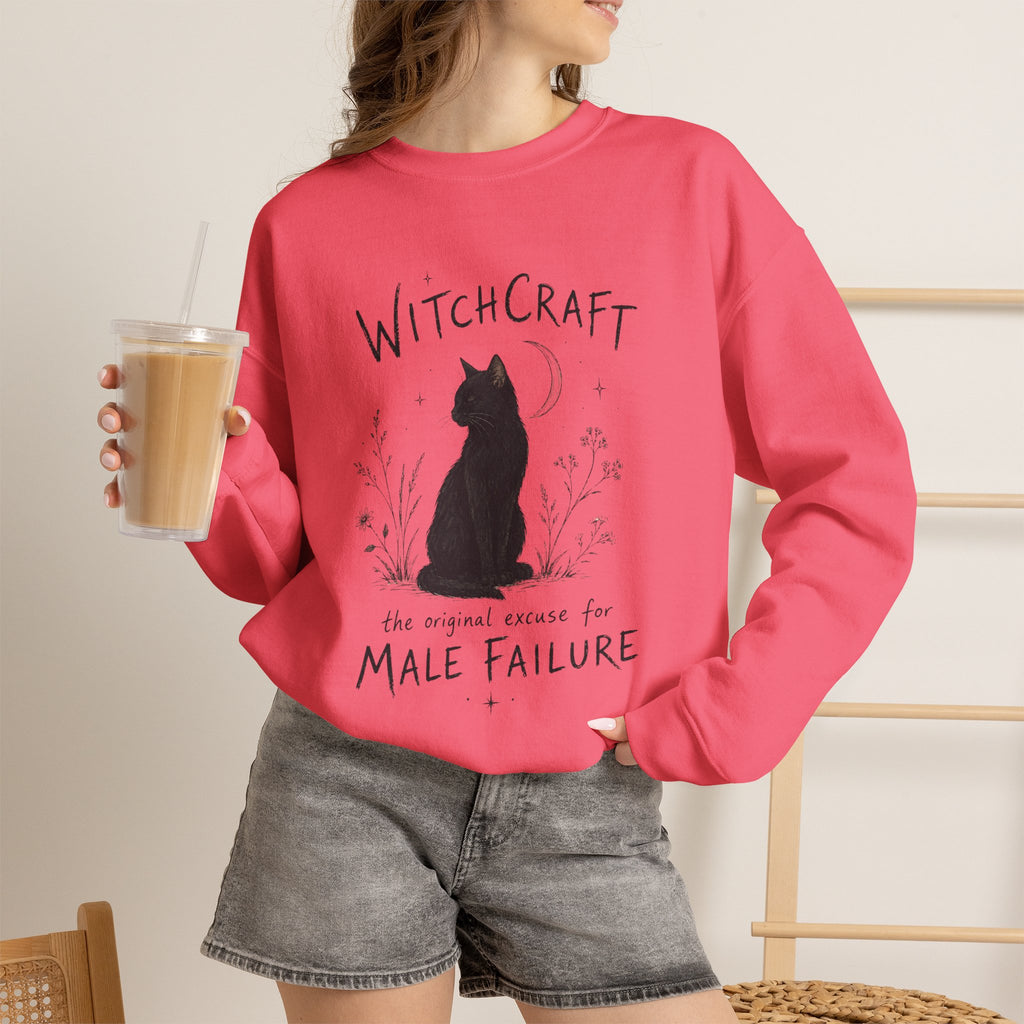 Witchcraft The Original Excuse for Male Failure graphic sweatshirt featuring Feminist Black Cat Crewneck
