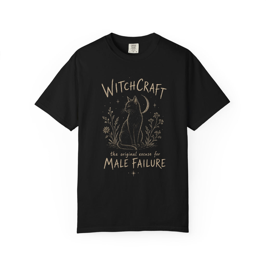 Witchcraft Cat T-Shirt — 'The Original Excuse for Male Failure' Graphic Tee