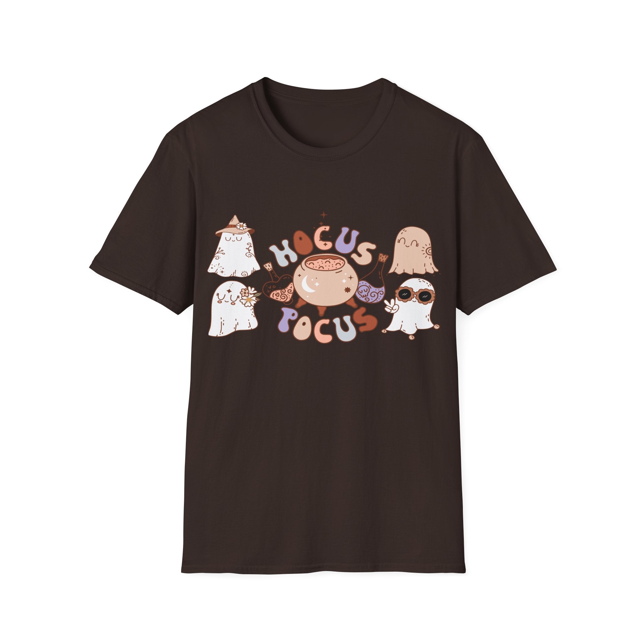 Hocus Pocus Cute Witch Crewneck T‑Shirt — Pastel Halloween Cat & Cauldron Tee