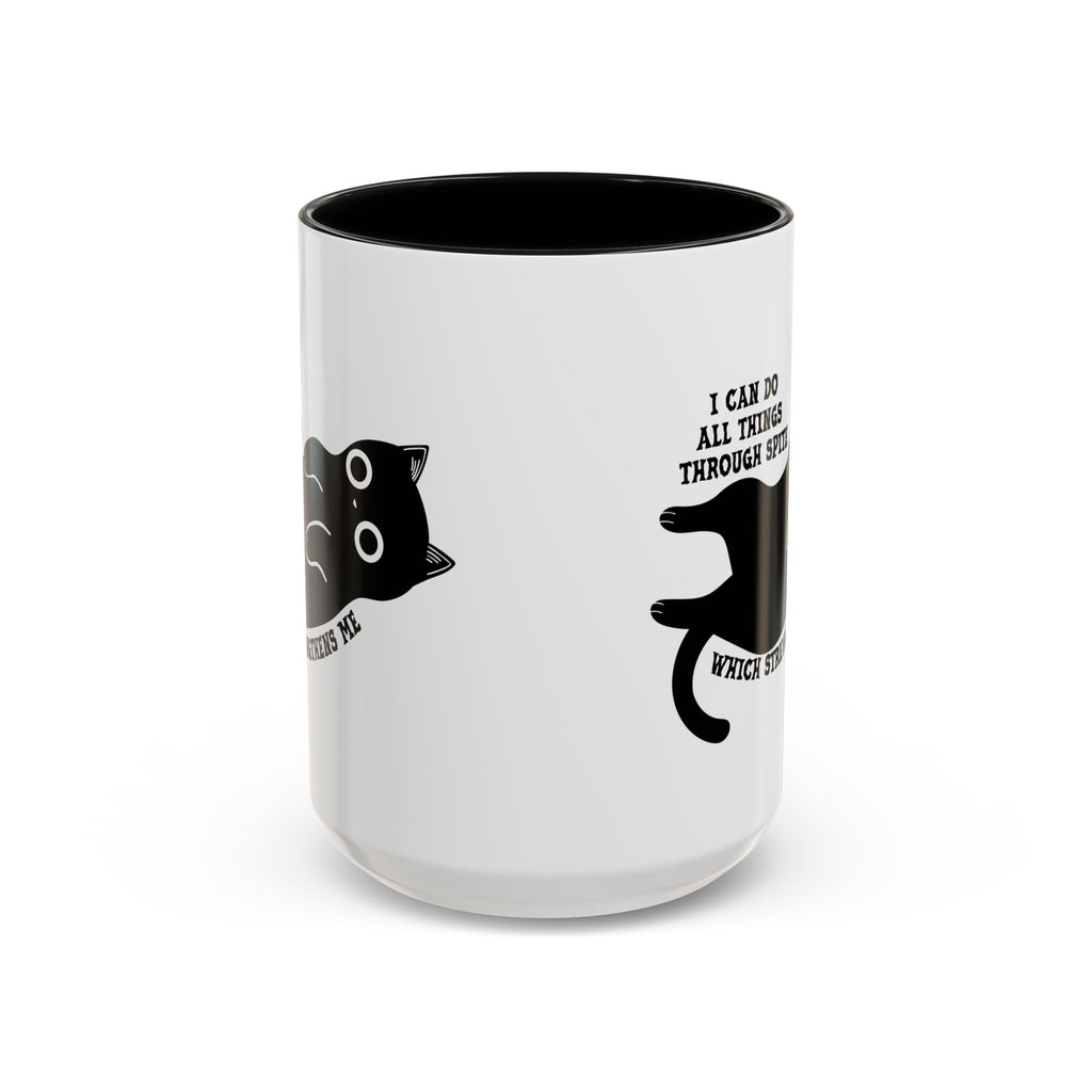 I Can Do All Things Through Spite mug featuring Funny Black Cat 15 oz Coffee Mug
