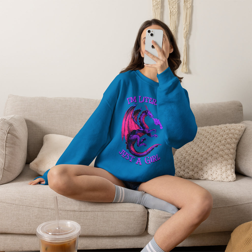Retro Dragon Sweatshirt Im Literally Just a Girl Monster Girl Aesthetic 80s Fantasy Crewneck