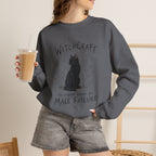 Witchcraft The Original Excuse for Male Failure graphic sweatshirt featuring Feminist Black Cat Crewneck