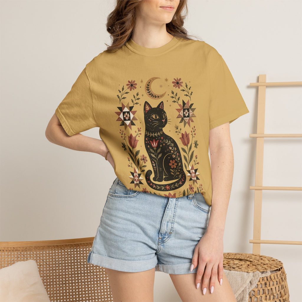 Folk Black Cat Shirt | Celestial Floral Comfort Colors Tee | Witchy Cat Shirt