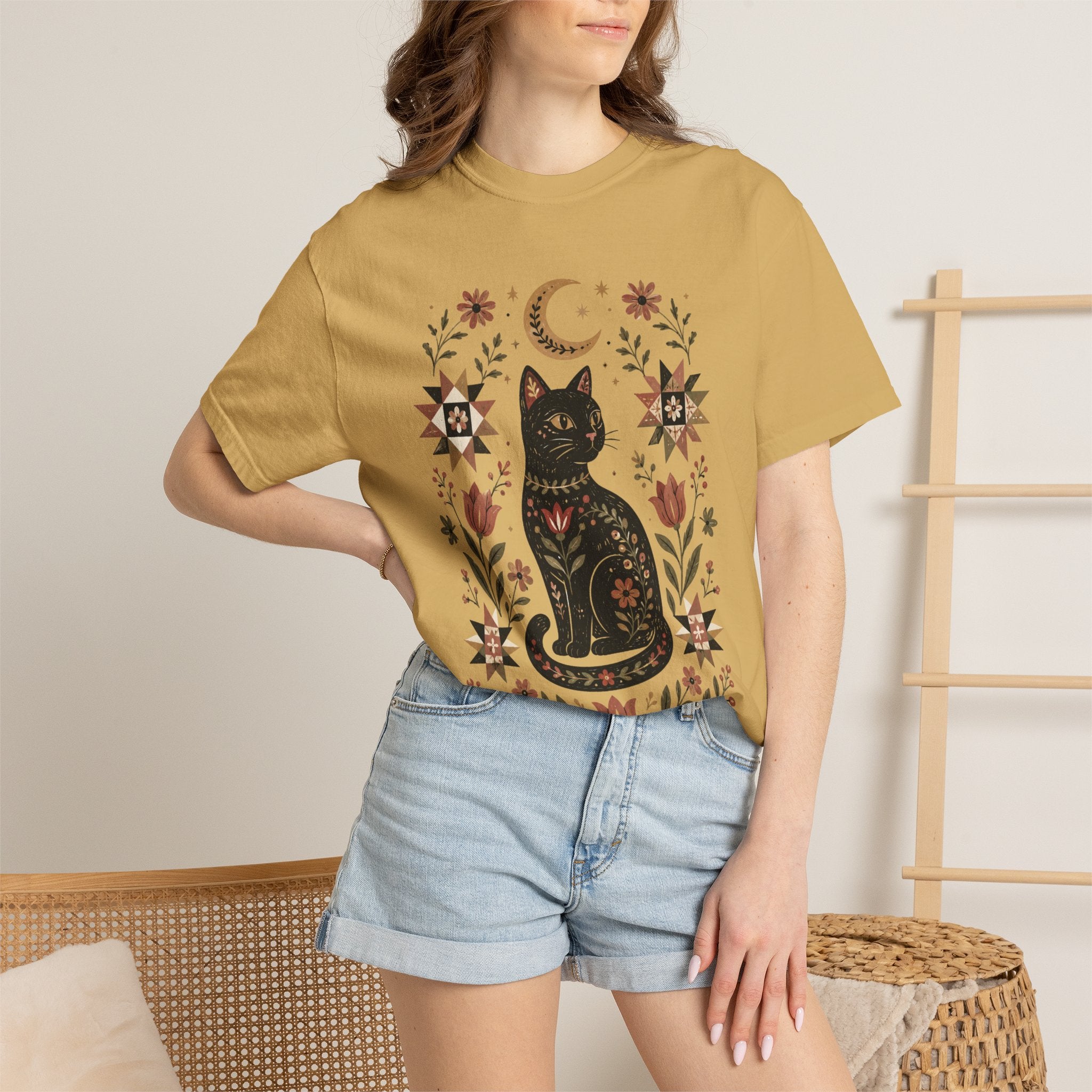 Folk Black Cat Shirt | Celestial Floral Comfort Colors Tee | Witchy Cat Shirt