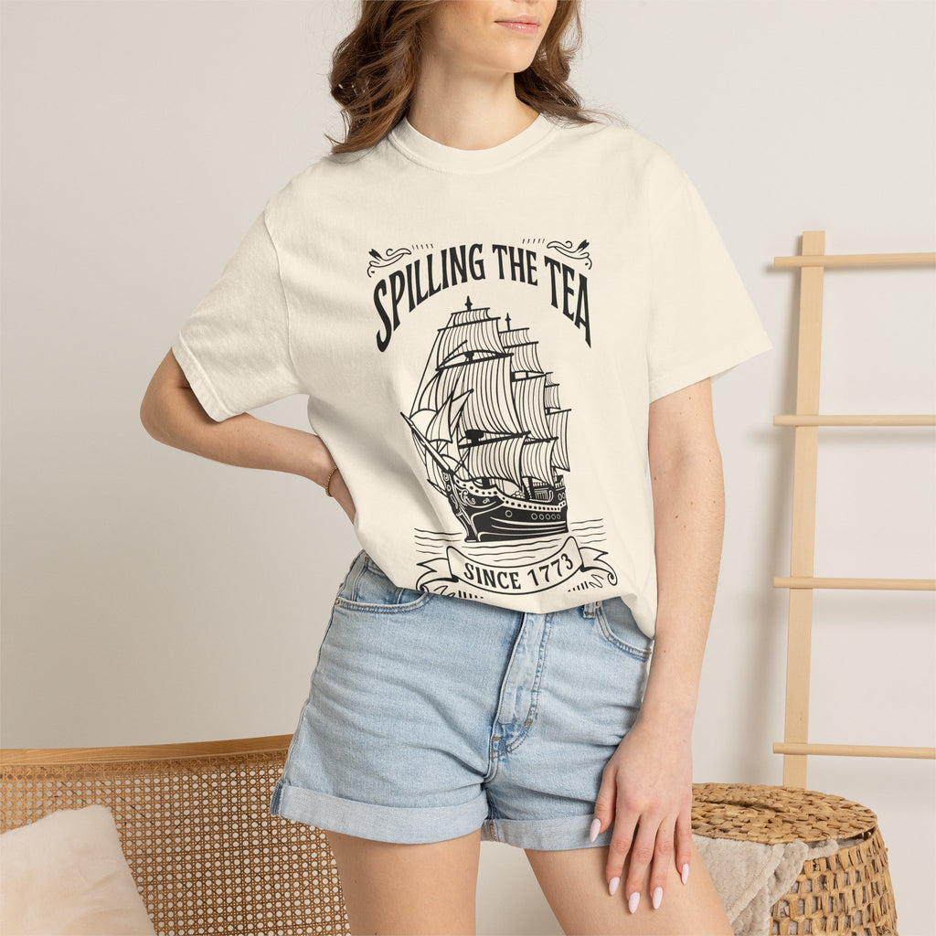Spilling the Tea Since 1773 graphic shirt featuring Boston Tea Party Graphic Tee