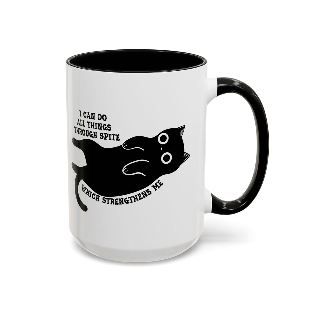 I Can Do All Things Through Spite mug featuring Funny Black Cat 15 oz Coffee Mug