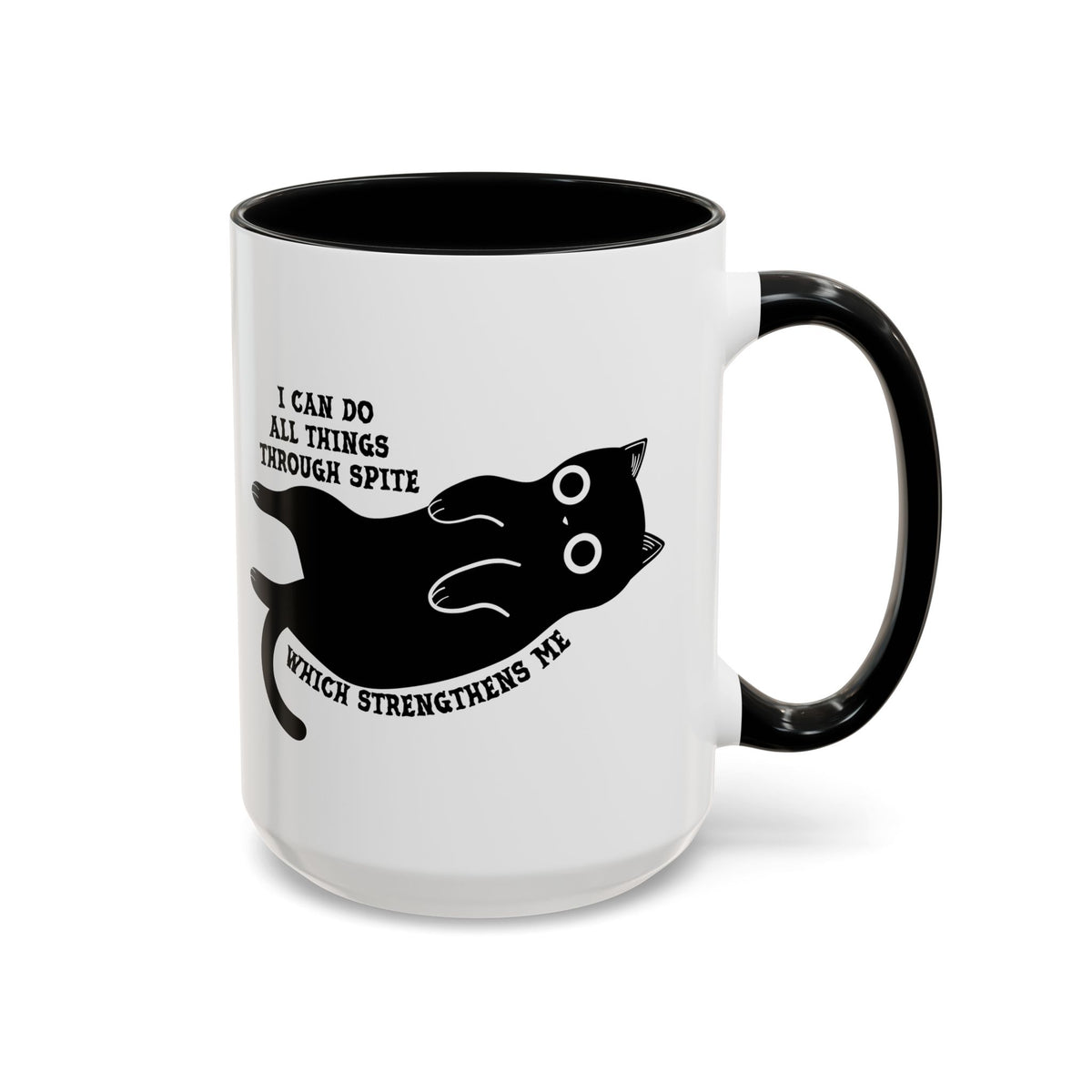 I Can Do All Things Through Spite mug featuring Funny Black Cat 15 oz Coffee Mug