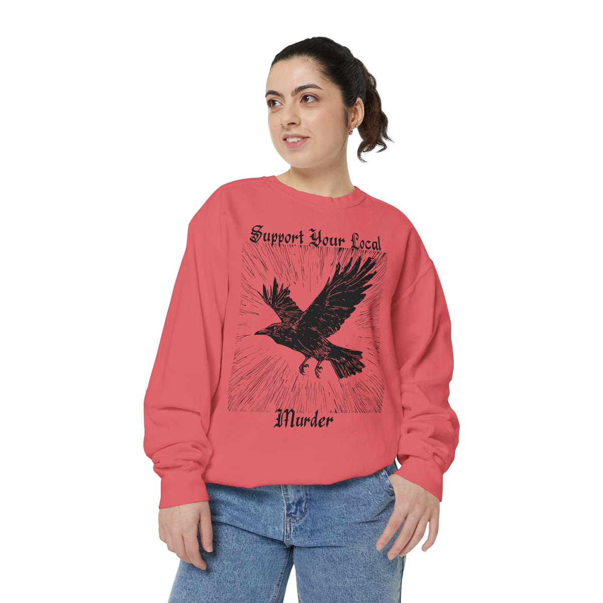 Support Your Local Murder graphic sweatshirt featuring Crow Linocut Sweater
