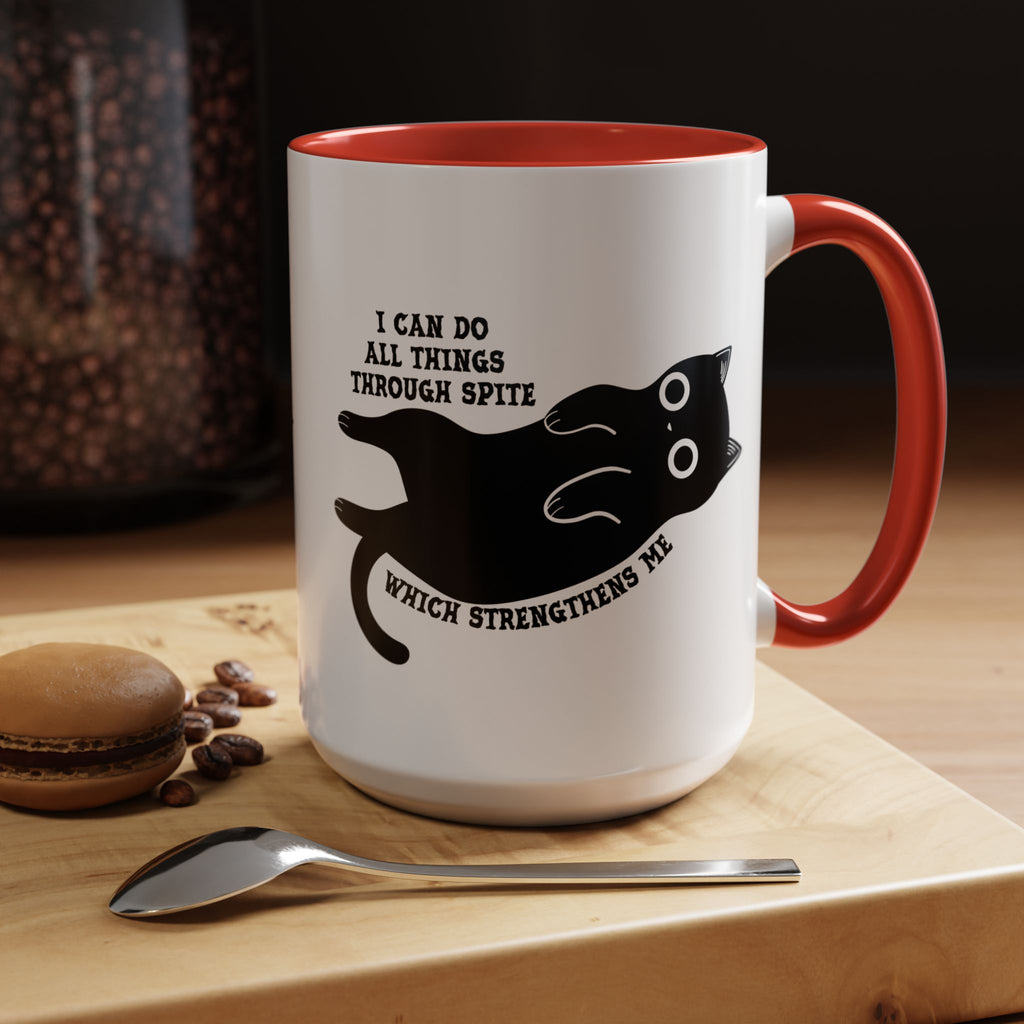 I Can Do All Things Through Spite mug featuring Funny Black Cat 15 oz Coffee Mug