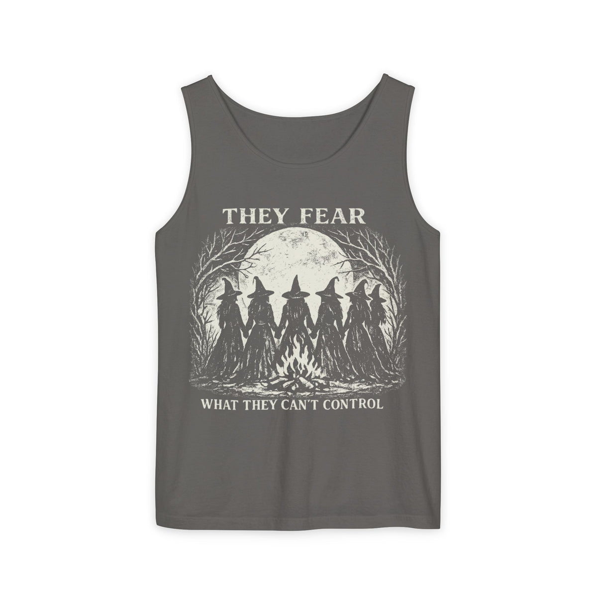 Feminist Witch graphic tank top featuring They Fear What They Can't Control Coven