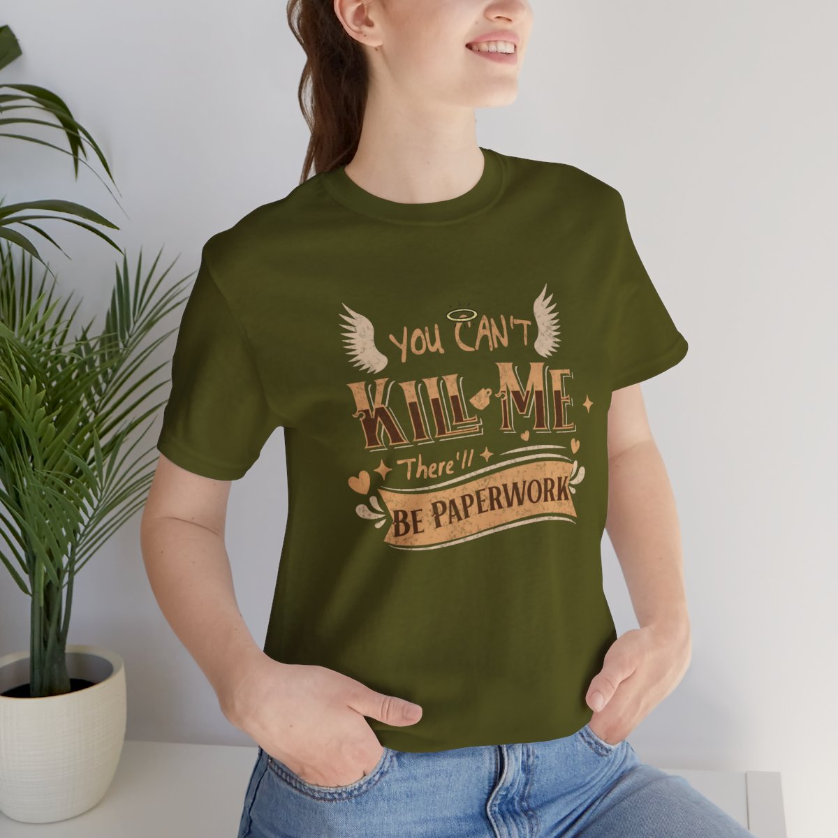 Good Omens Aziraphale graphic shirt featuring "There'll Be Paperwork" Fandom Tee