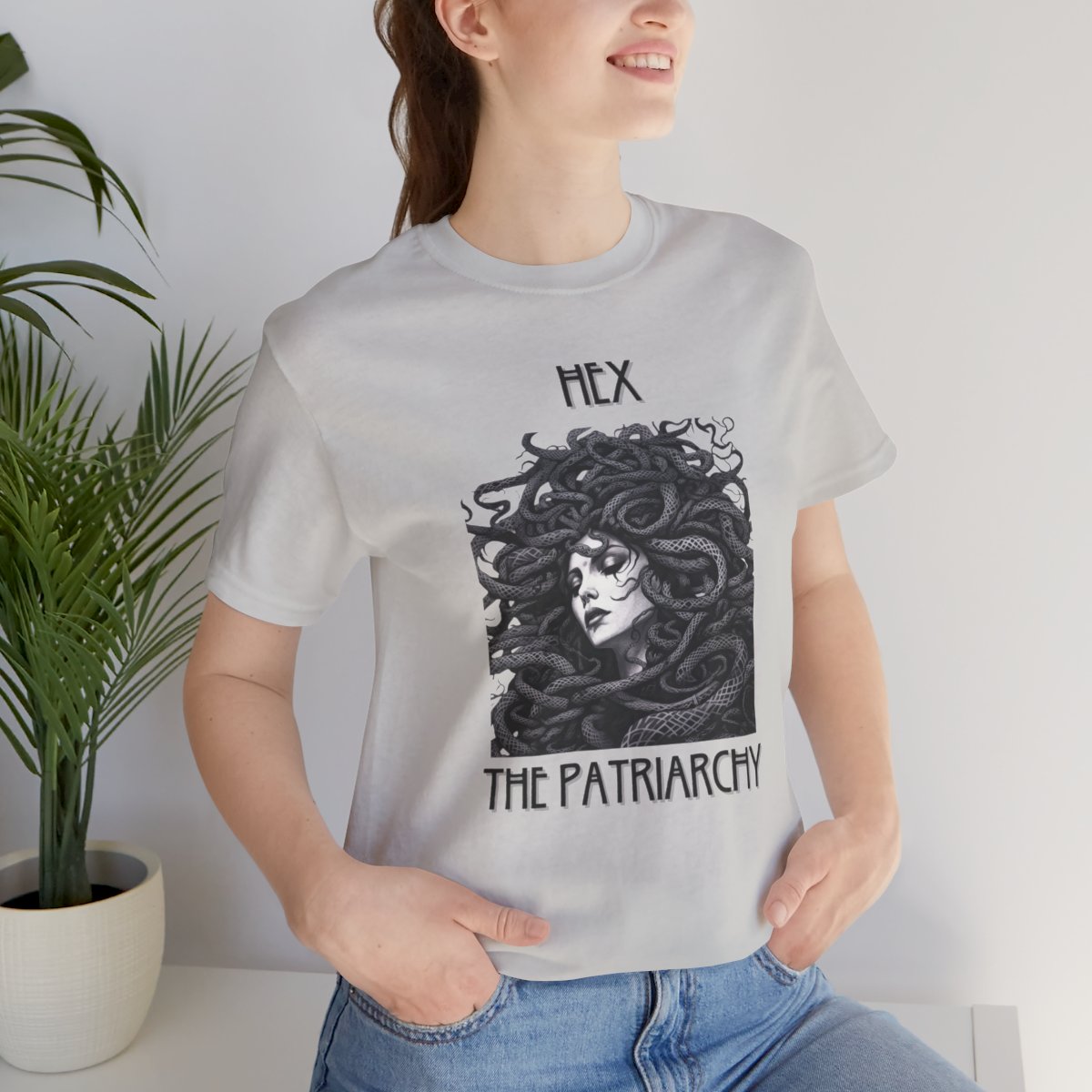 Hex The Patriarchy graphic shirt featuring Feminist & Medusa Tattoo Art Graphic Shirt