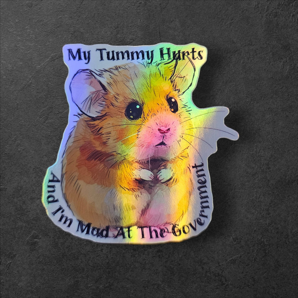 Funny Hamster Sticker: My Tummy Hurts, Mad at Government - Clear Decal