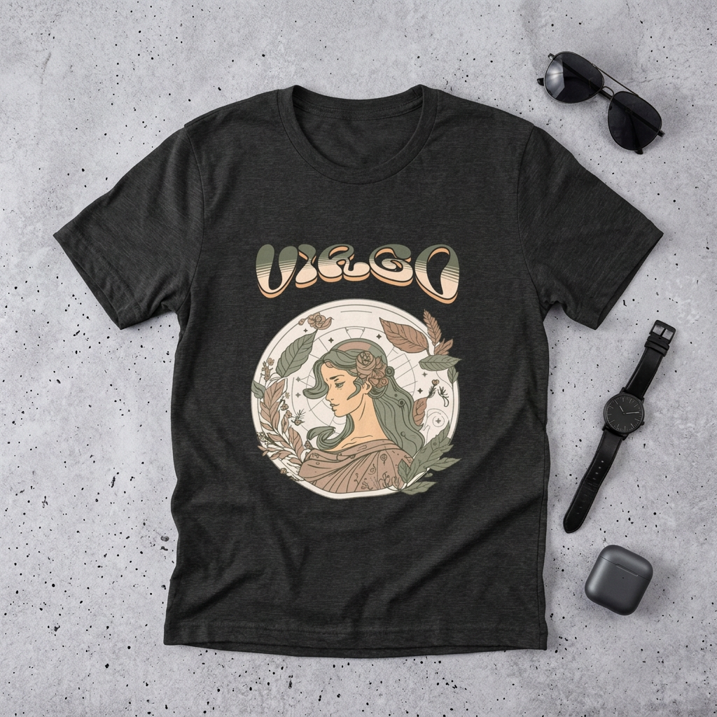 Virgo Zodiac T‑ graphic shirt featuring Vintage Botanical Astrology Tee in Aqua