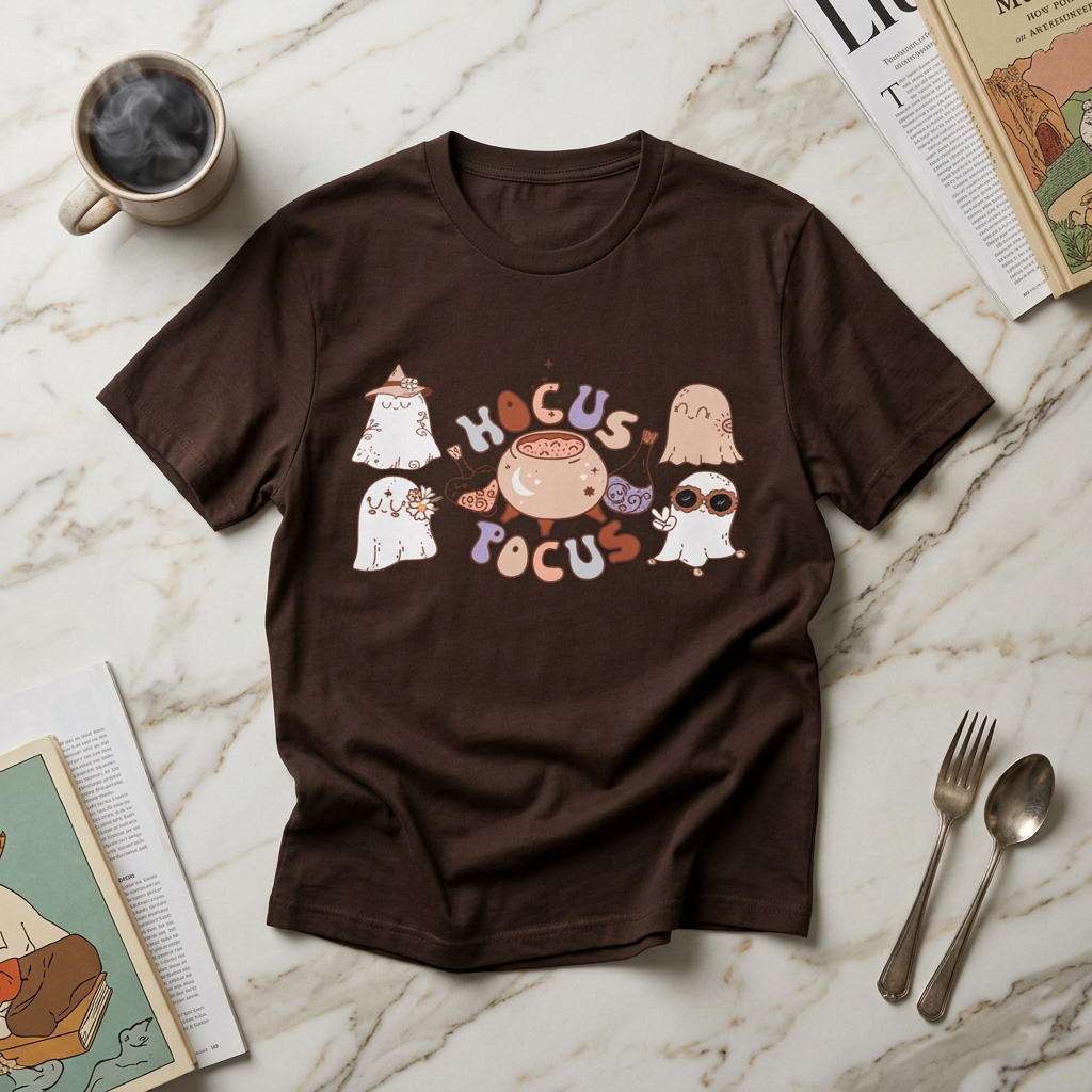 Hocus Pocus Cute Witch Crewneck T‑Shirt — Pastel Halloween Cat & Cauldron Tee
