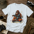 Bigfoot Scooter Graphic graphic shirt featuring Retro Bigfoot Riding Vespa Adventure T-Shirt in Athletic Heather