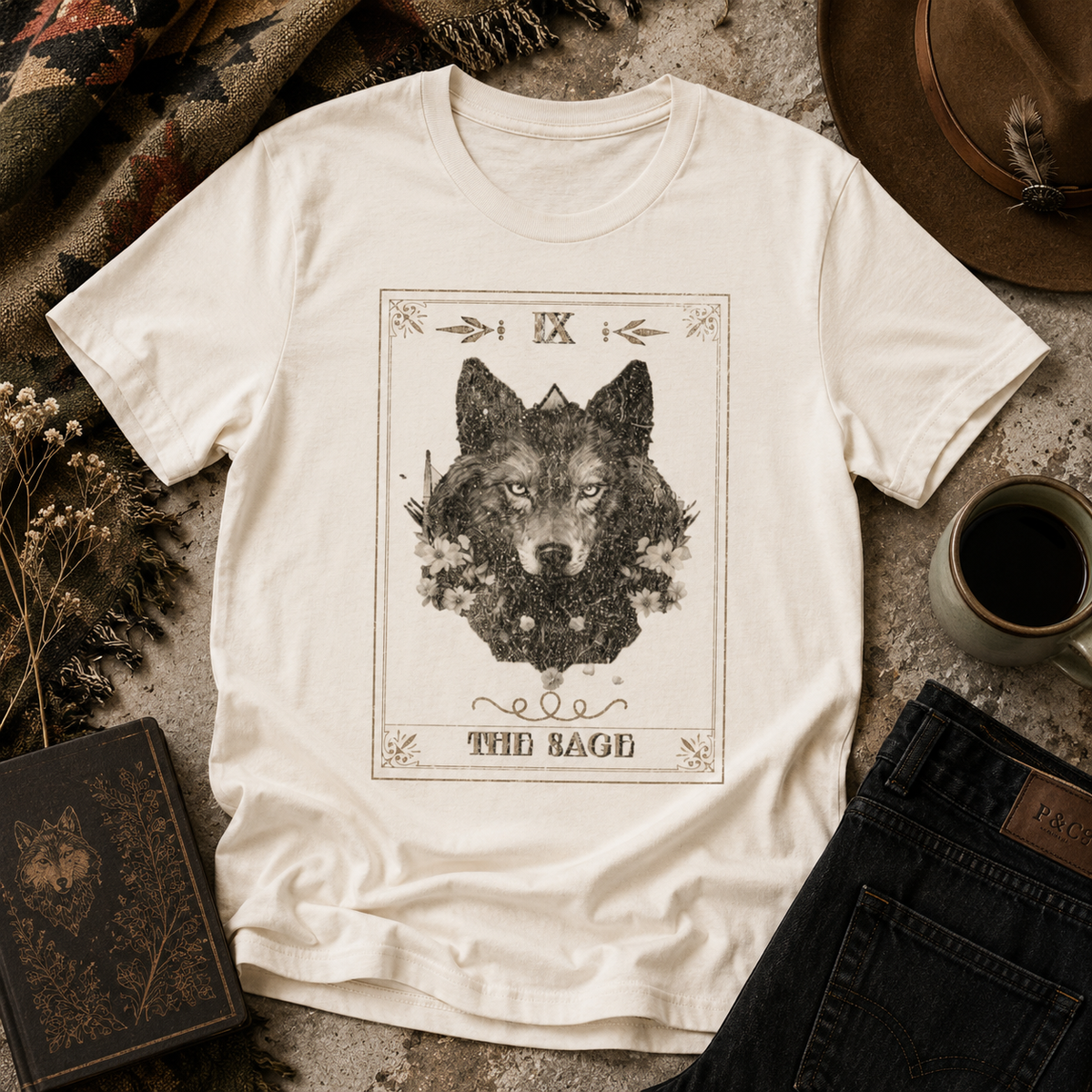 Wolf Tarot Graphic graphic shirt featuring "The Sage" Vintage Wolf Illustration T-Shirt in Dark Grey Heather