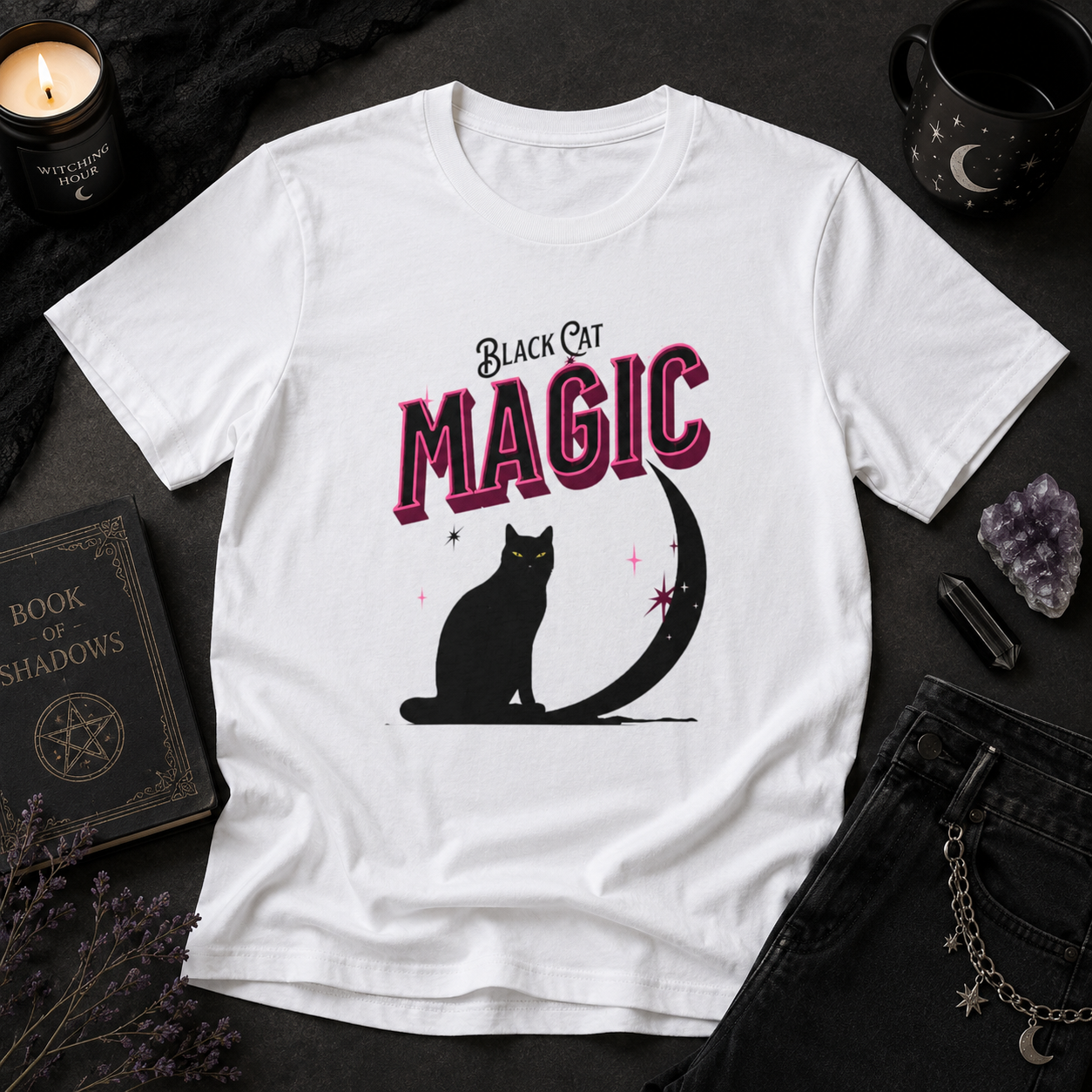 Black Cat Magic T‑Shirt — Halloween Moon Cat Graphic Tee