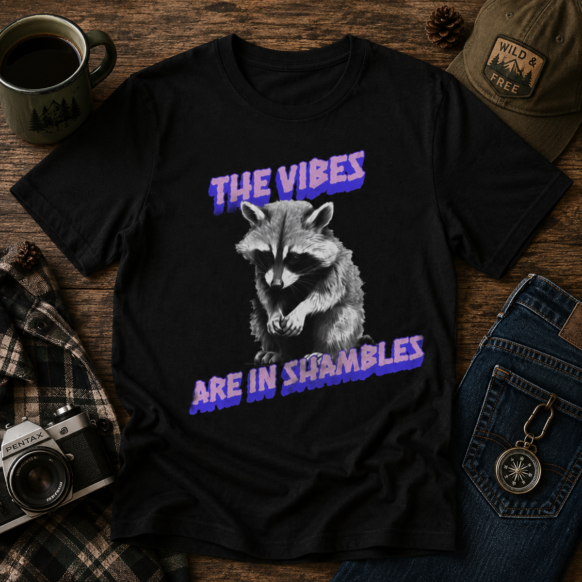 The Vibes Raccoon graphic shirt featuring 'The Vibes Are in Shambles' Retro Graphic in Charcoal