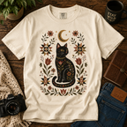 Witchy Black Cat graphic shirt featuring Folk Art Floral Comfort Colors Tee in Granite