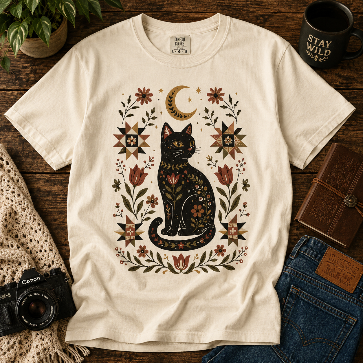Folk Black Cat Shirt | Celestial Floral Comfort Colors Tee | Witchy Cat Shirt
