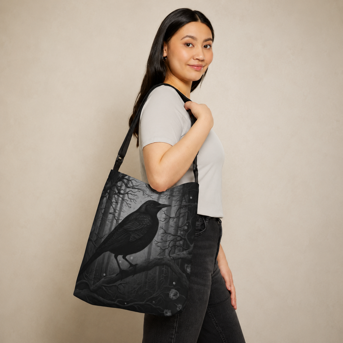 Raven Forest tote bag featuring Gothic Crow Zipper Tote