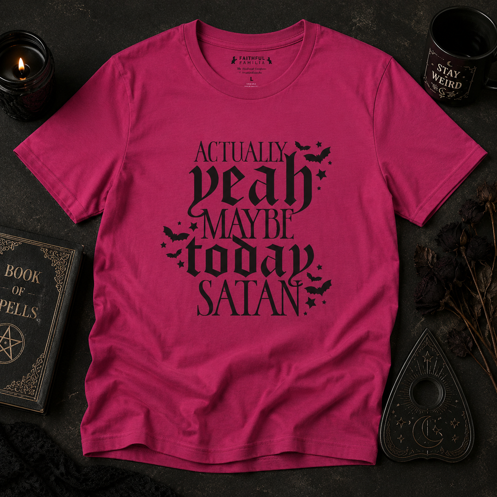 Graphic Tee — "Actually Yeah Maybe Today Satan" Gothic Script Shirt