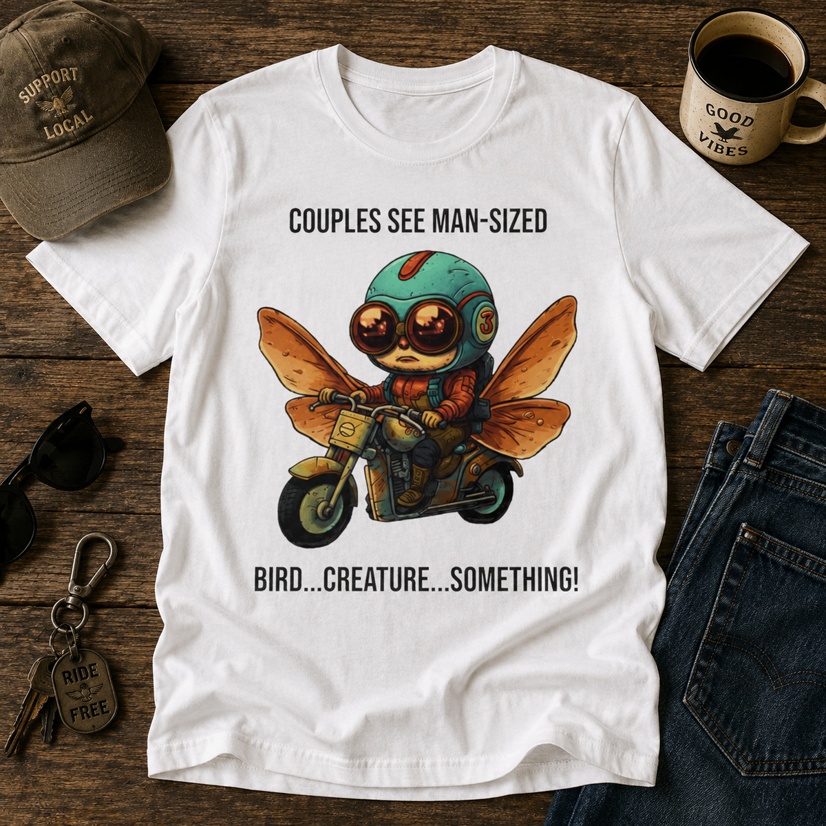 Mothman Man-Sized Bird graphic shirt featuring Point Pleasant Cryptid Graphic Tee in Black