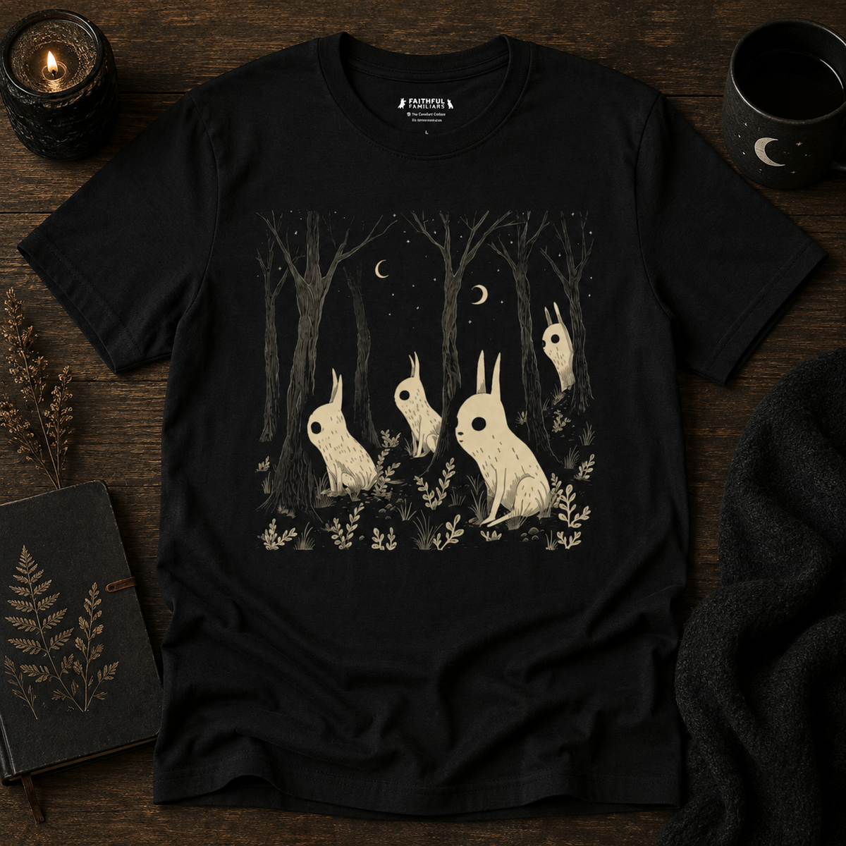 Forest Moon Rabbits graphic shirt featuring Nighttime Woodland Bunny Graphic Tee in Black