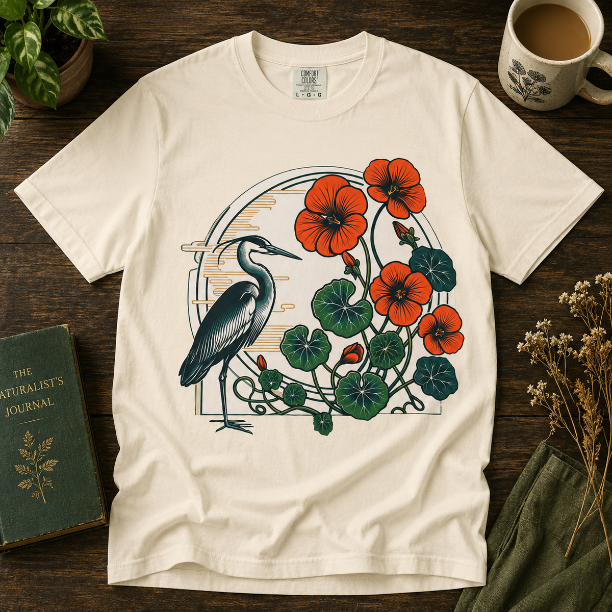 Heron & Poppies Graphic graphic shirt featuring Nature Art Garment-Dyed Tee in White