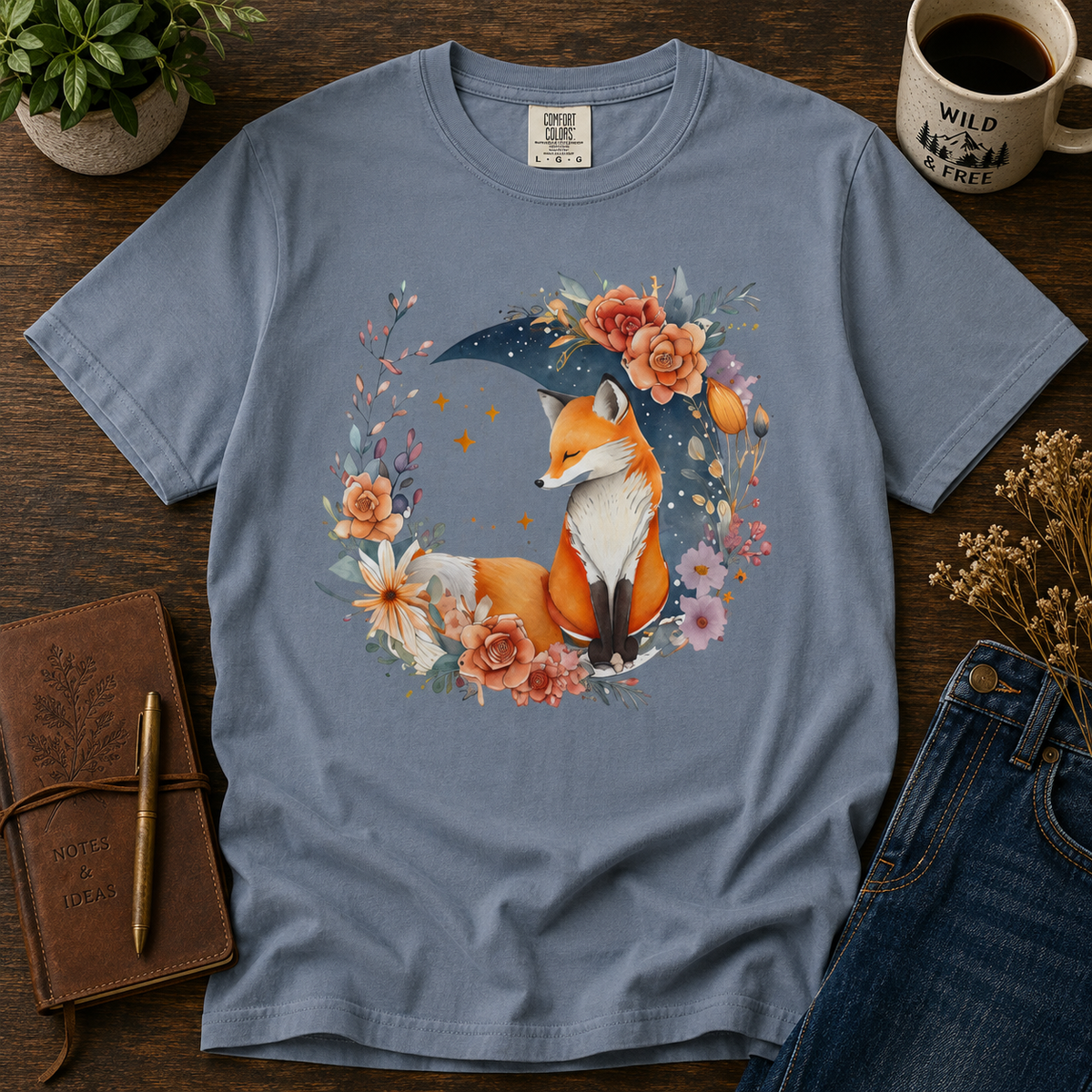 Fox Floral graphic shirt featuring Whimsical Fox with Moon & Flowers Graphic in Bay