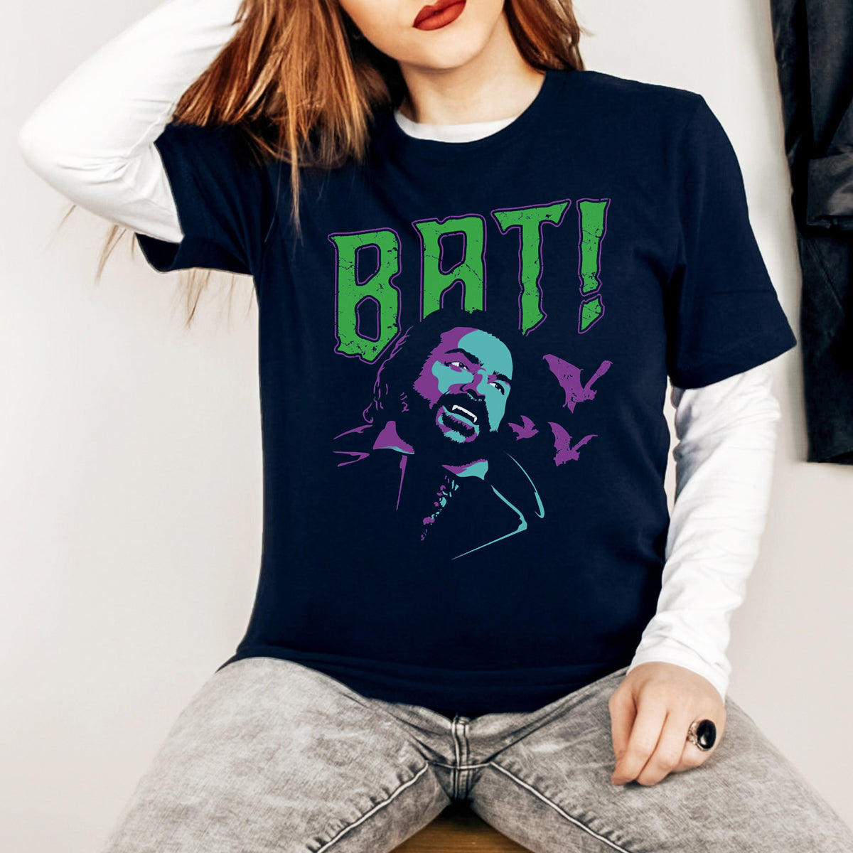 What We Do in the Shadows BAT graphic shirt featuring Laszlo Cravensworth Vampire Graphic Tee