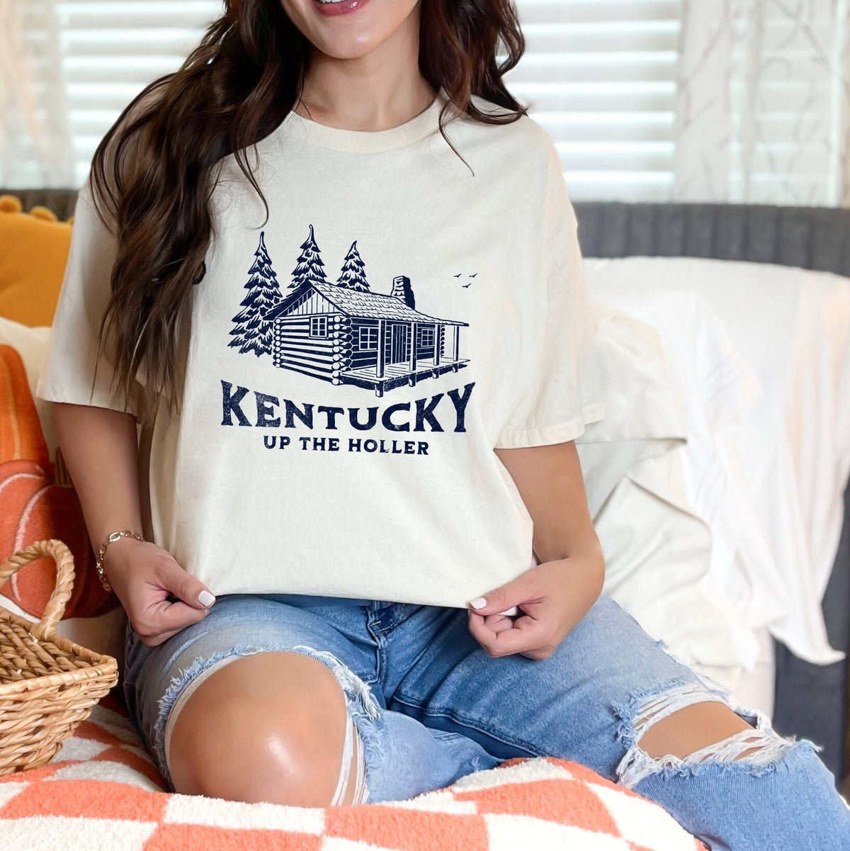 Kentucky Cabin T‑ graphic shirt featuring 'Kentucky Up The Holler' Rustic Cabin in Light Blue