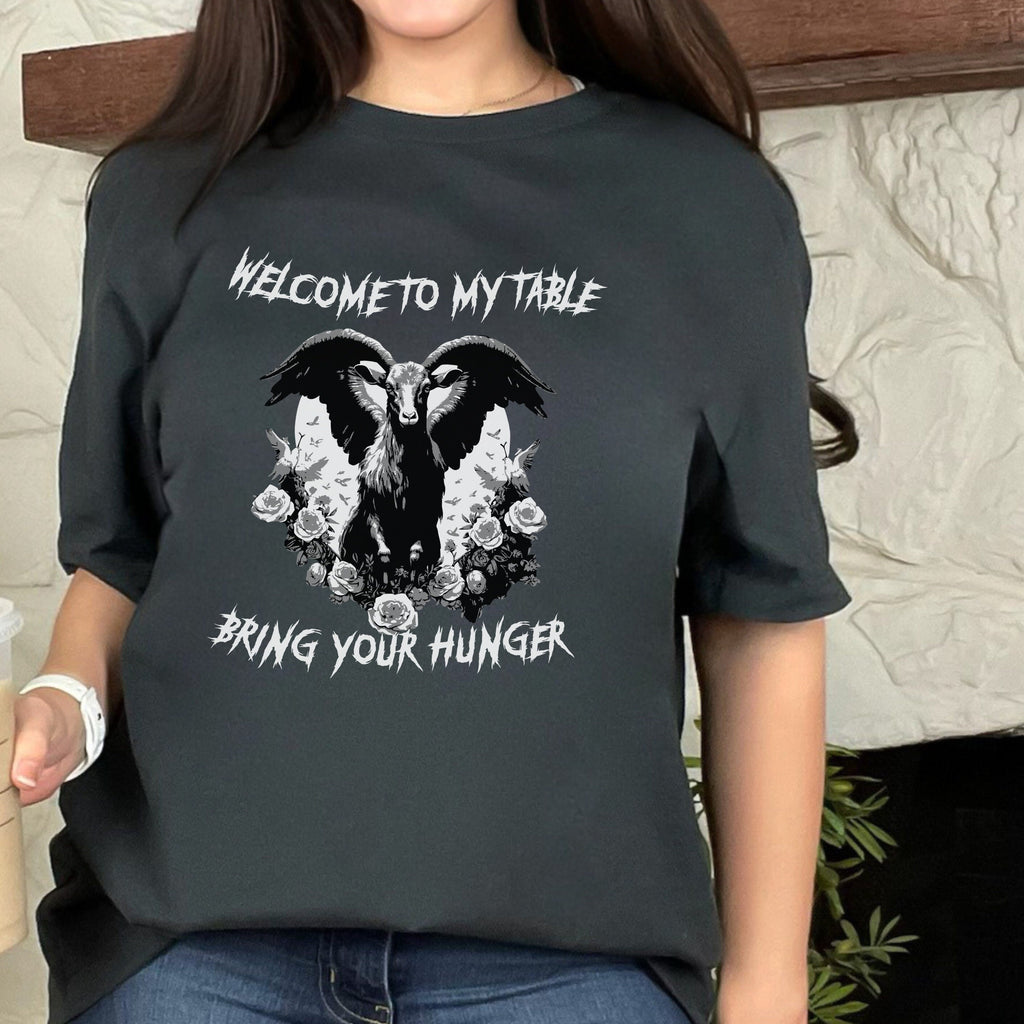 The Amazing Devil graphic shirt featuring Welcome to My Table Bring Your Hunger Tee