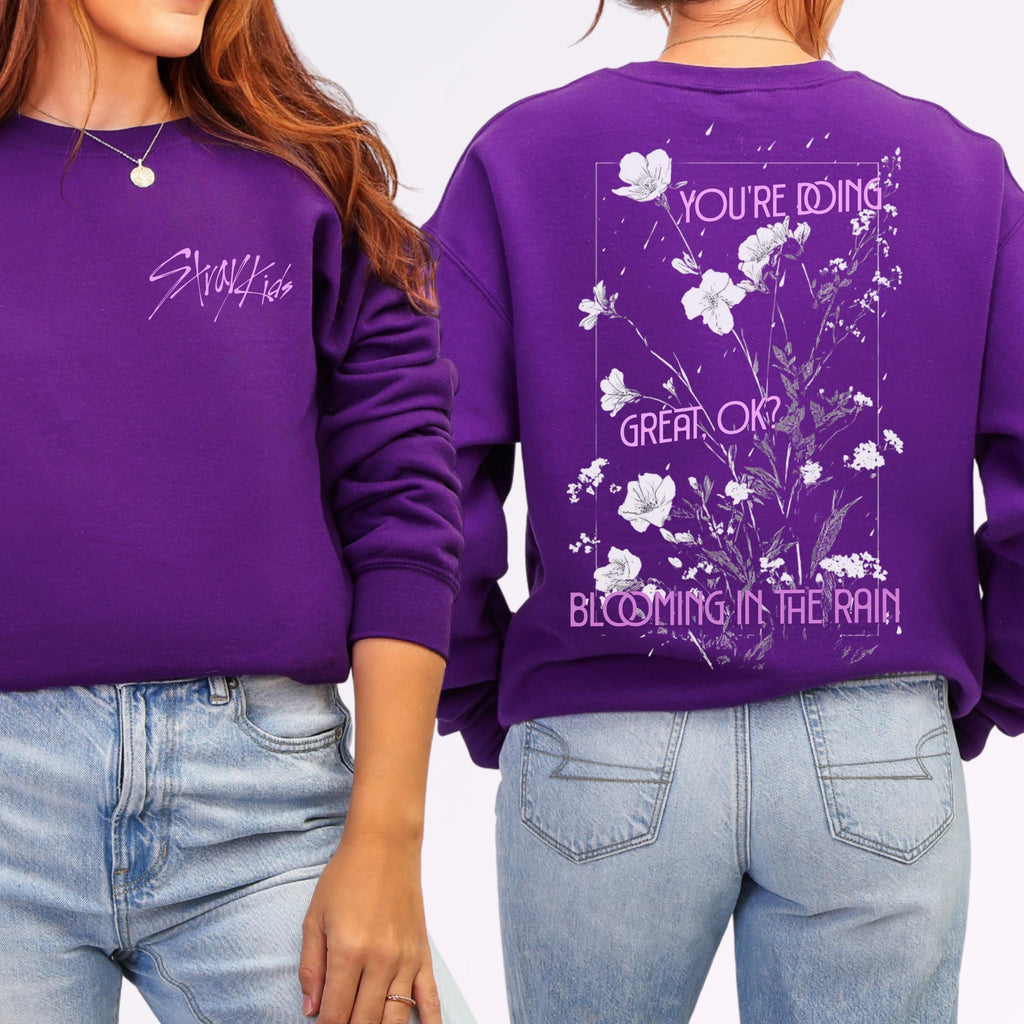 Stray Kids Blooming in the Rain graphic sweatshirt featuring SKZ Floral Back Print Shirt